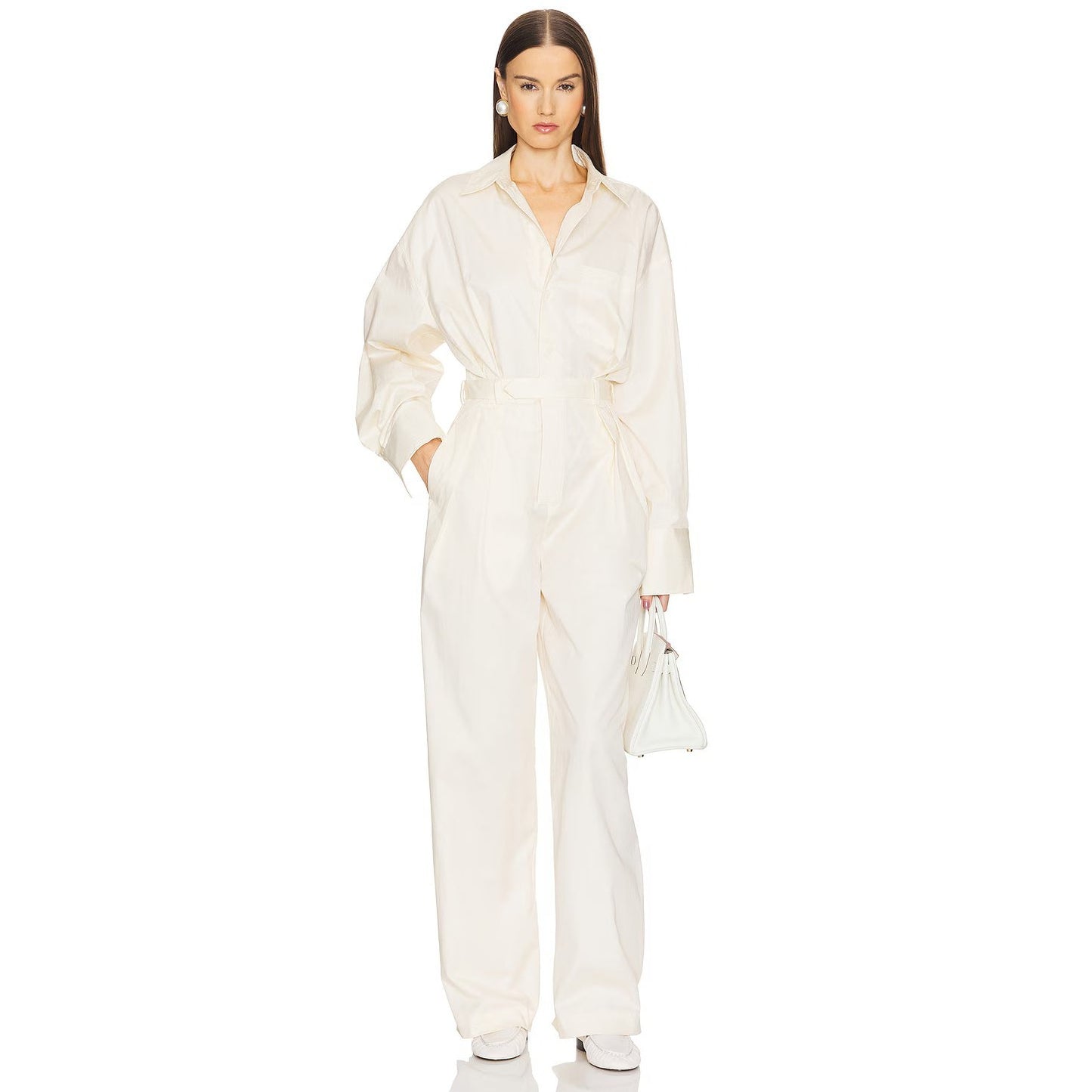 Helsa Cotton Collared Long Sleeve Paperbag Jumpsuit