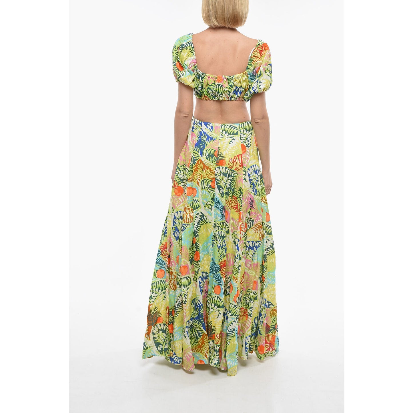 Staud Linen Plant Motif Puff Sleeve Cut-Out Coliseum Maxi Dress