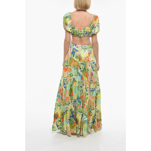 Staud Linen Plant Motif Puff Sleeve Cut-Out Coliseum Maxi Dress
