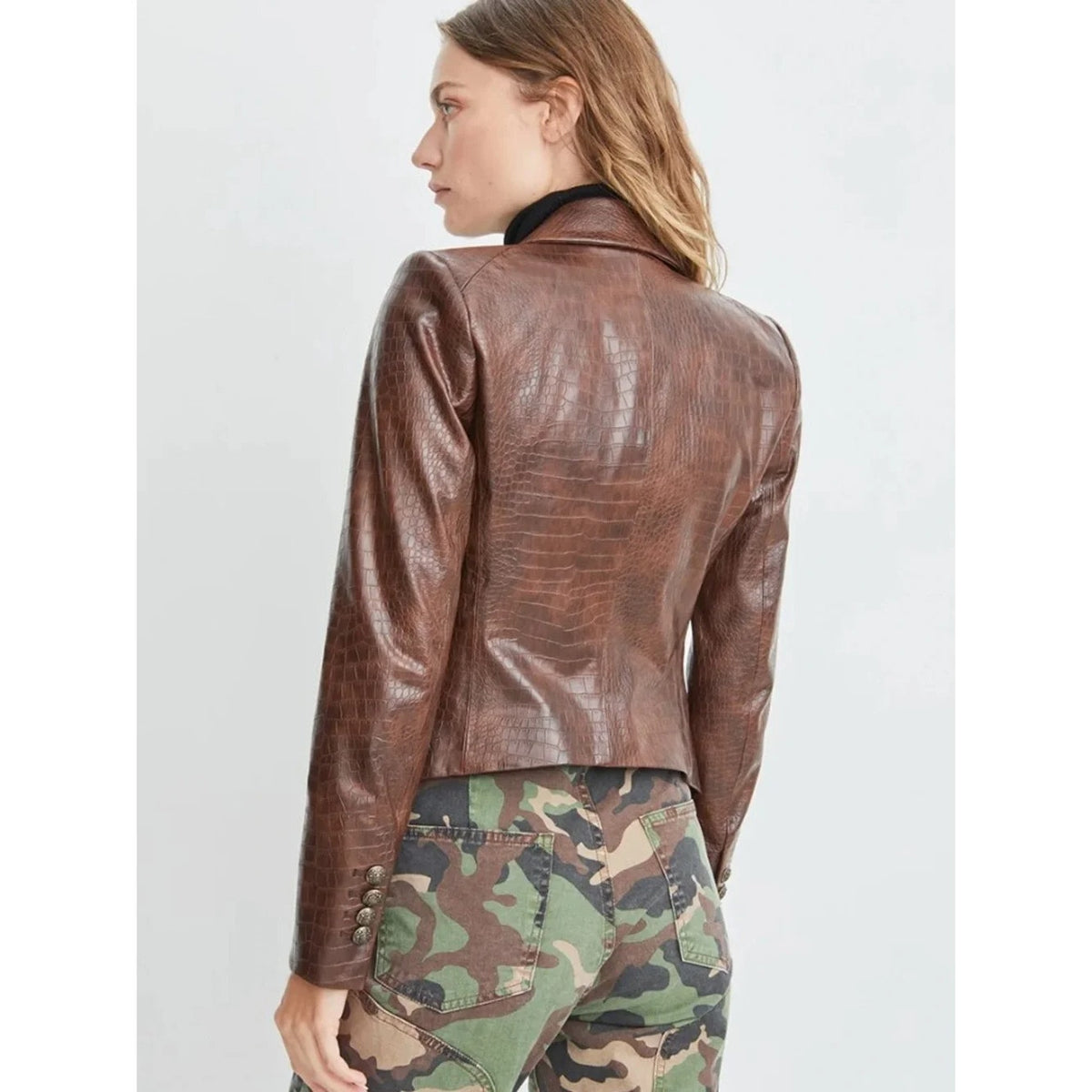 Veronica Beard Brown Croc-Embossed Double-Breasted Vegan Leather Blazer Size 0