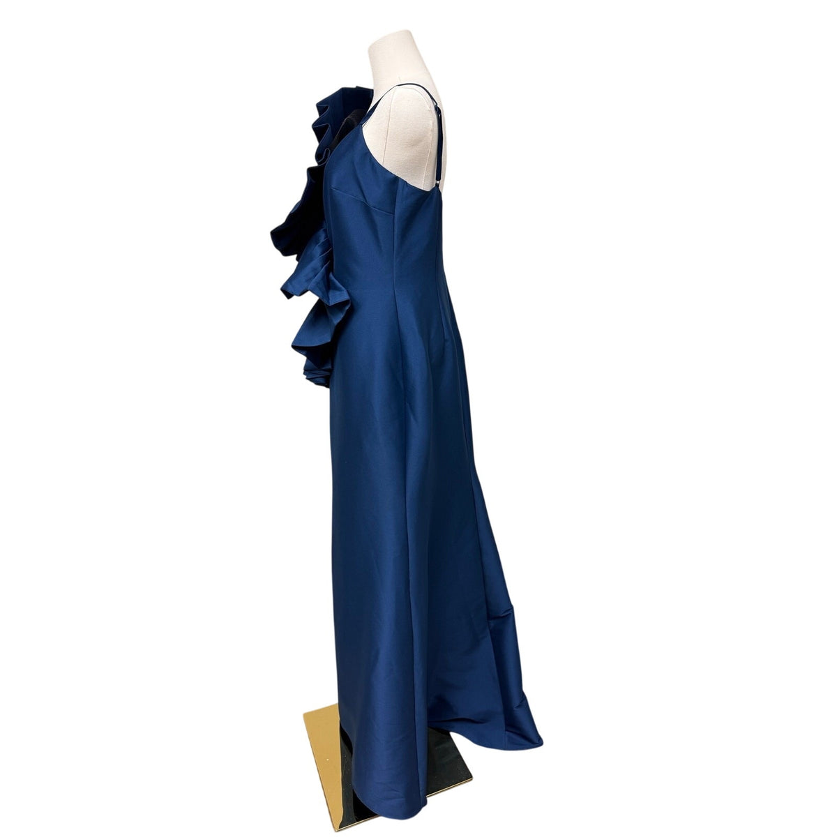 Badgley Mischka Blue Sculptural Swirl Maxi Evening Dress Ruffle Accent