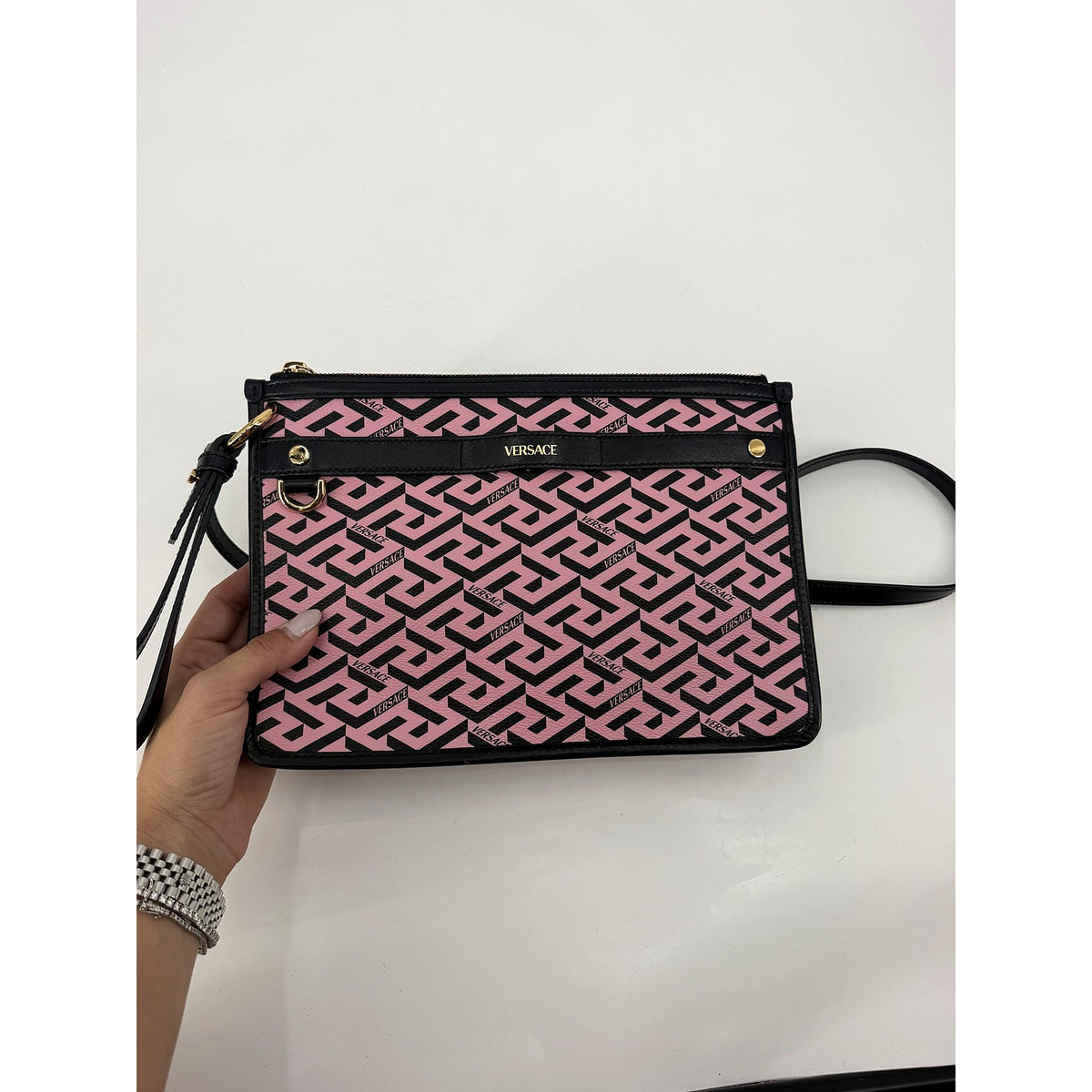 Versace La Greca Pink Black Zip Crossbody Clutch Leather Strap Gold Italy