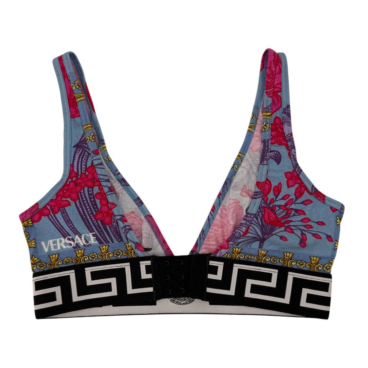 Versace Floral Print Greca Band V-Neck Sports Bra
