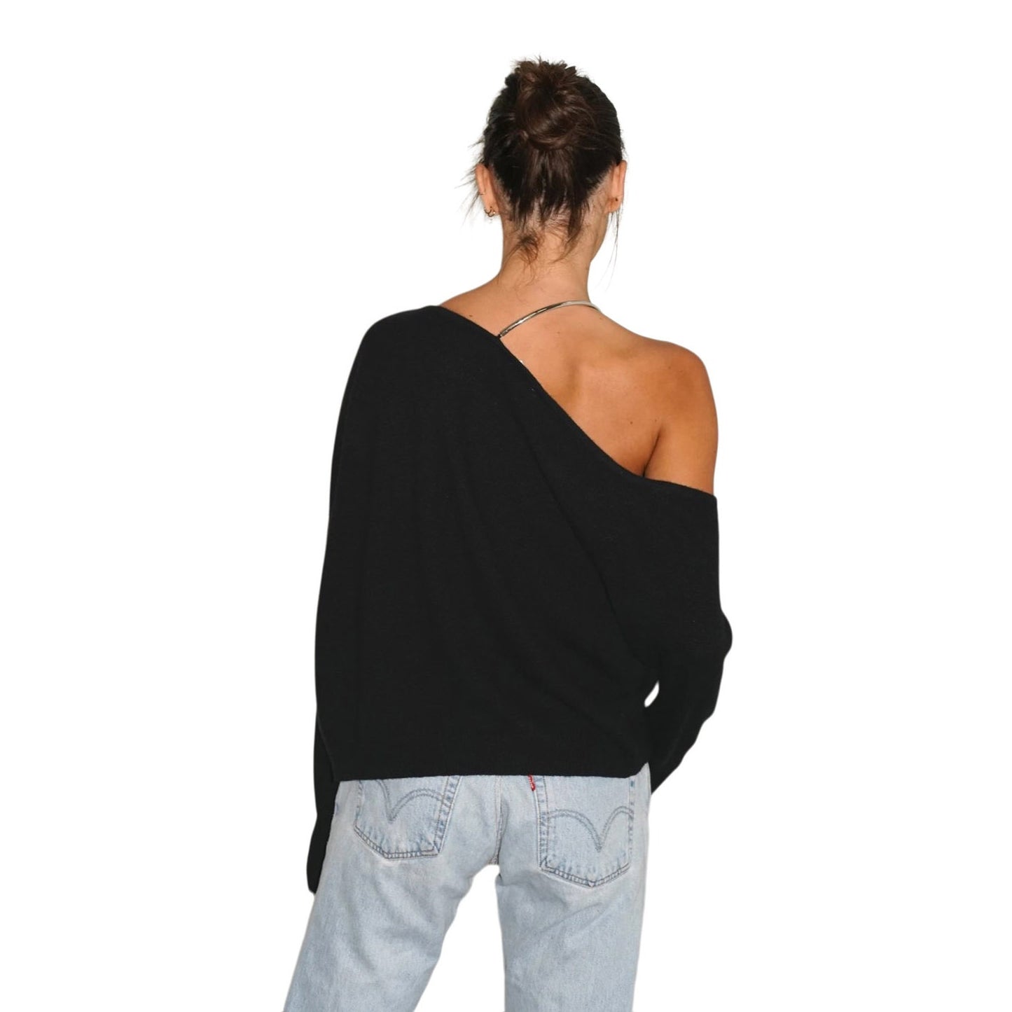 LNA Black Lorenzo Cashmere Knit Long Sleeve Off-Shoulder Sweater  Women's