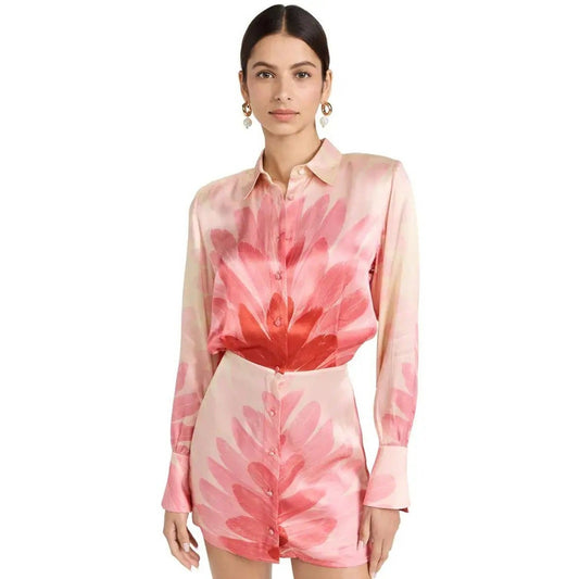 Alexis Satin Feather Print Vento Long Sleeve Mini Shirt Dress