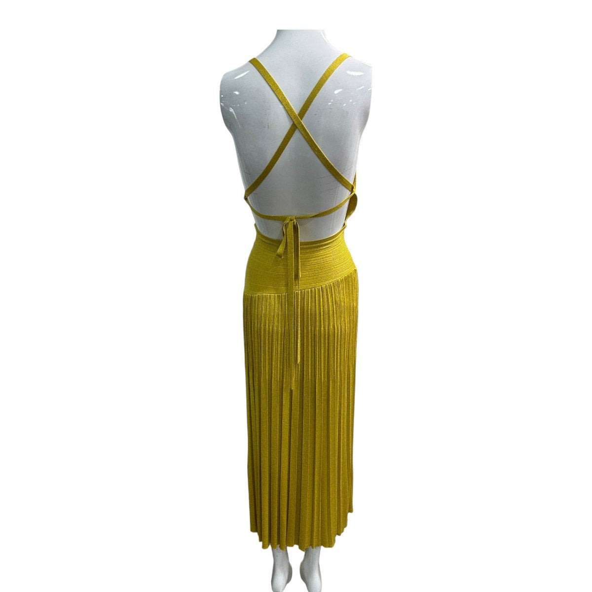 Zimmermann Mustard Metallic Rib Knit Cutout Gathered Midi Dress