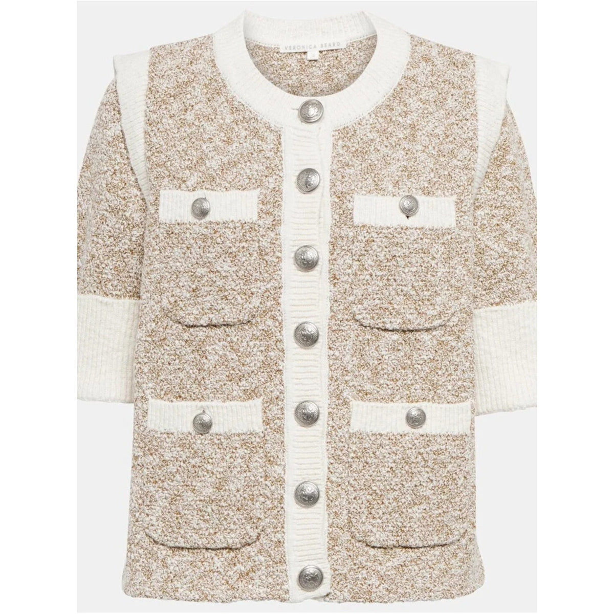 Veronica Beard Cream & Beige Short-Sleeve Knit Cardigan XS