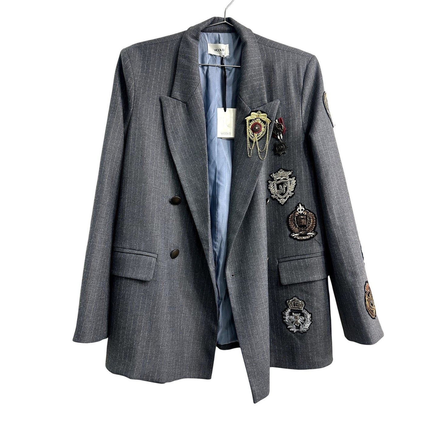 Vicolo Pinstripe Patch Accent Double Breasted Blazer Jacket