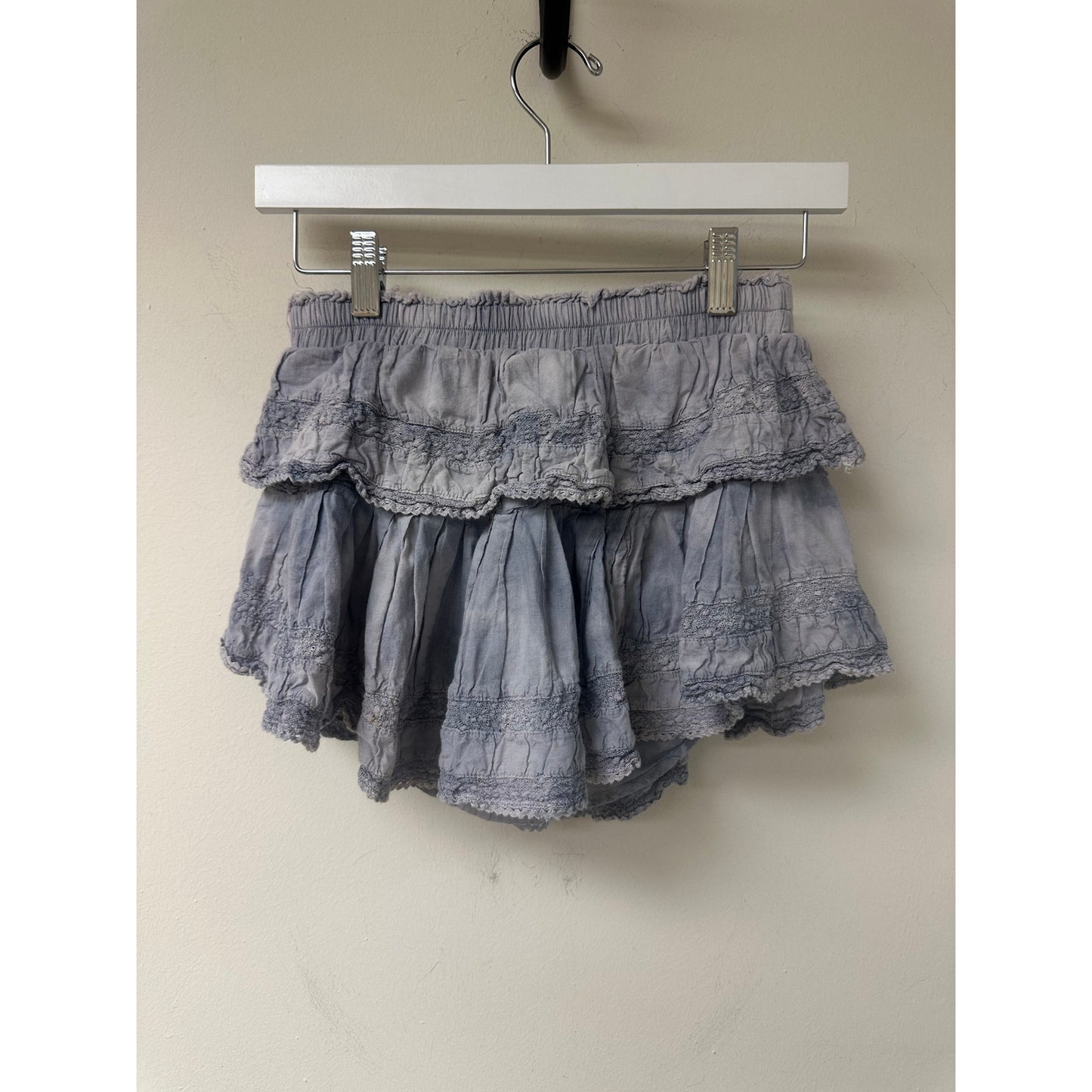 LoveShackFancy Cotton Mini Skirt with Lace Trim, Ruffles, and Pleated Tiers
