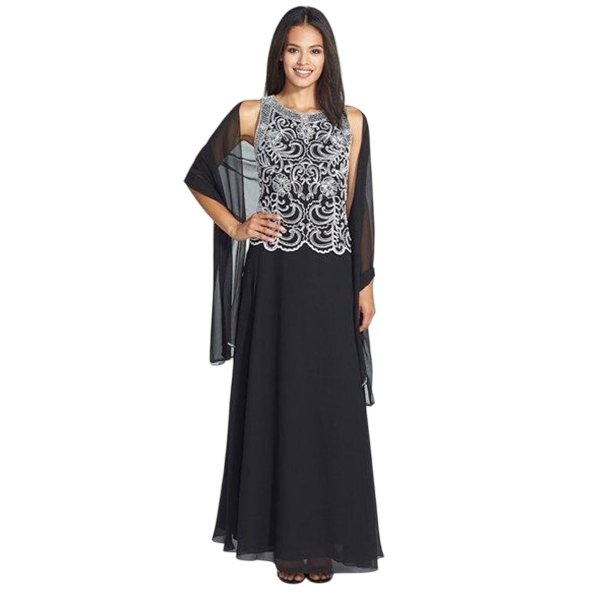 J Kara Black Scallop Beaded Sleeveless A-Line Maxi Dress Sheer Scarf