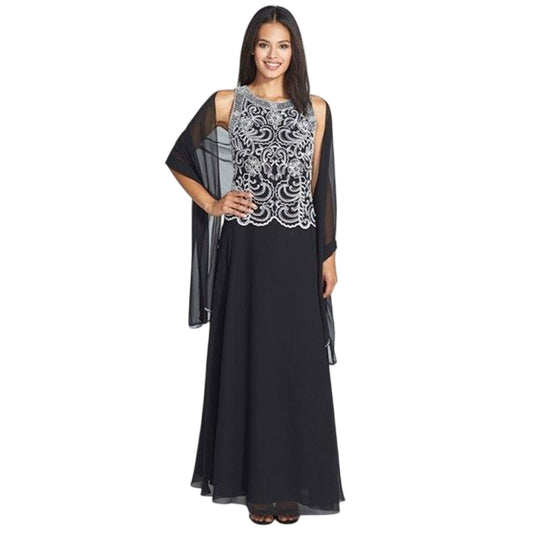 J Kara Black Scallop Beaded Sleeveless A-Line Maxi Dress Sheer Scarf