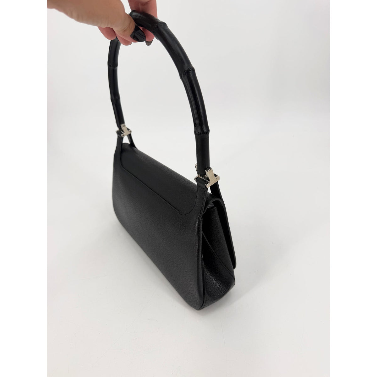 Gucci Bamboo Handle Black Pebbled Leather Shoulder Bag