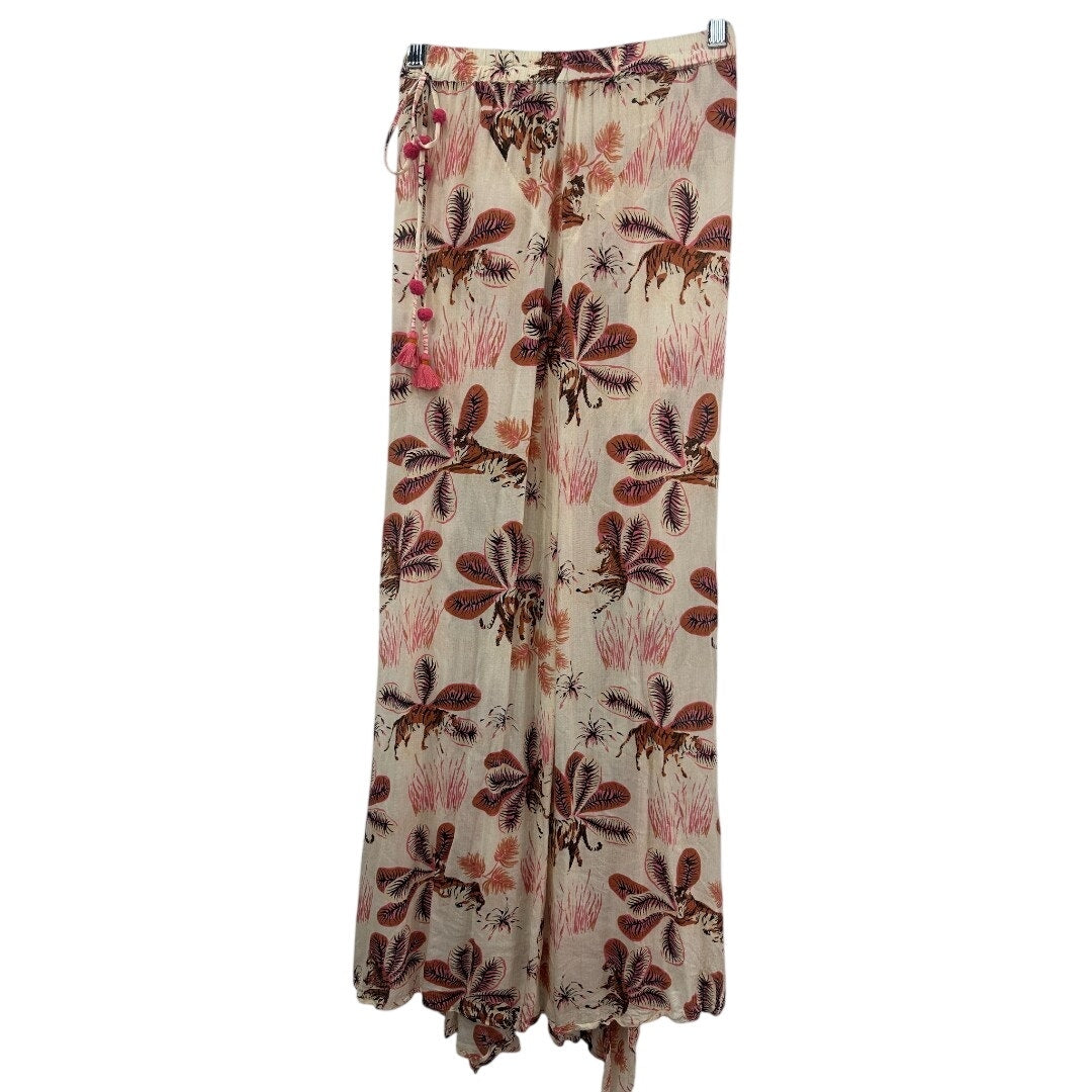 Poupette St Barth Ivory Satin Floral Print High Rise Wide Leg Dress Pants