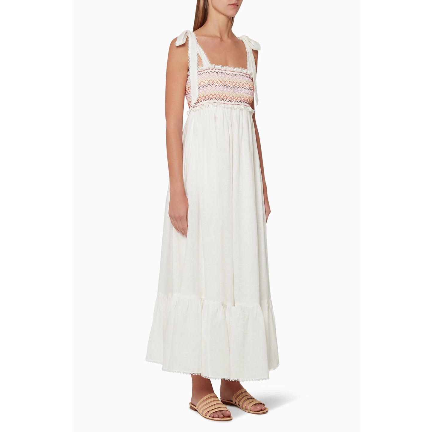 Zimmermann Linen Goldie Rainbow Smocked Tie Maxi Dress White Women's Size 0