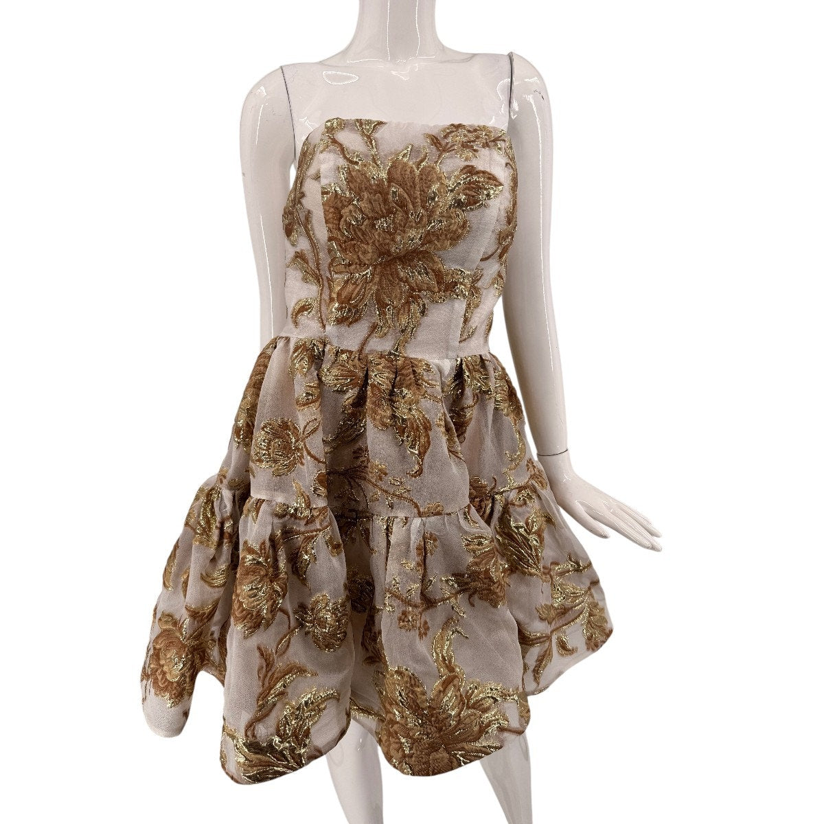 Mac Duggal Gold Floral Brocade Strapless Mini Dress Bronze Women's Size 12