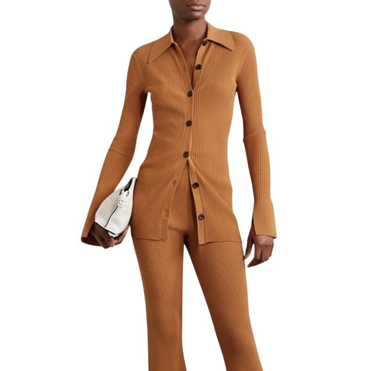 A.L.C. Eleanor Brown Ribbed Knit Collared Cardigan Bootcut Pants  Women's