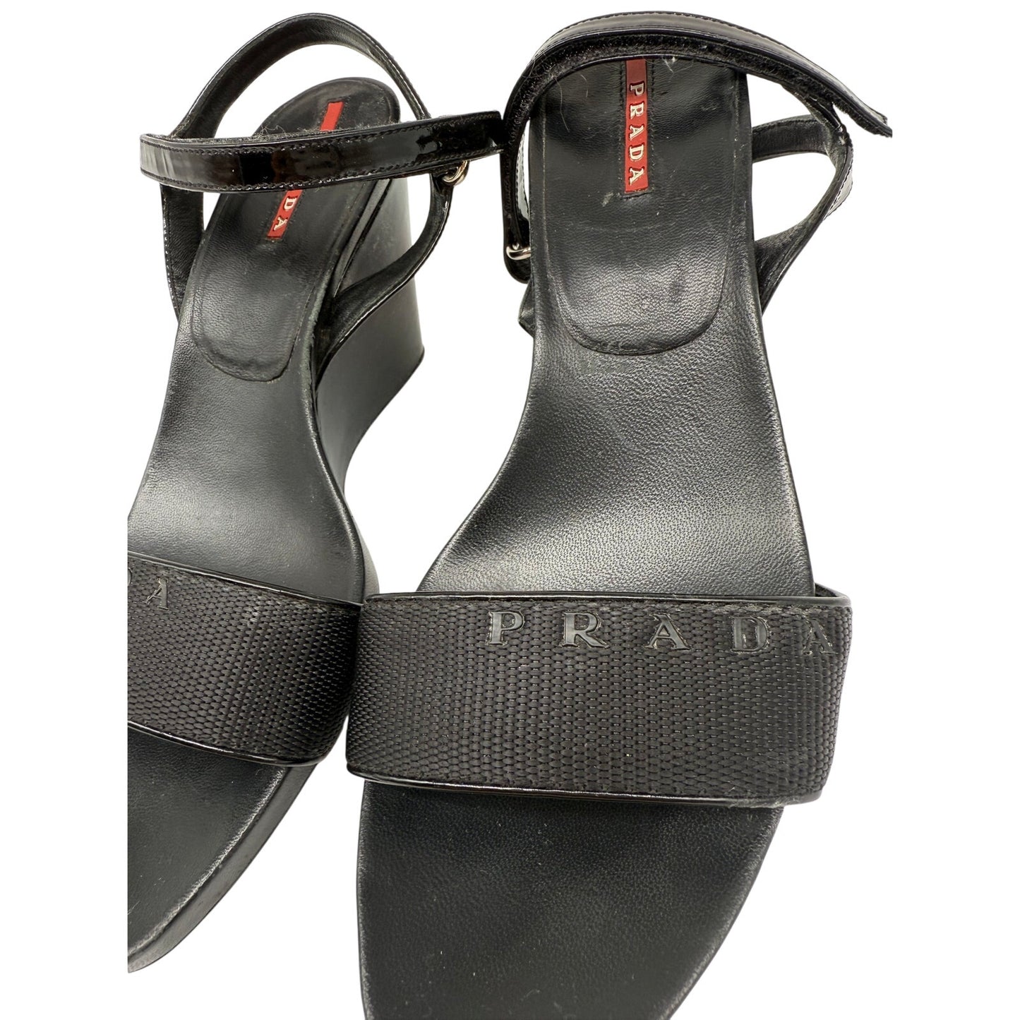 Prada Patent Leather Open Toe Ankle Strap Wedge Sandals