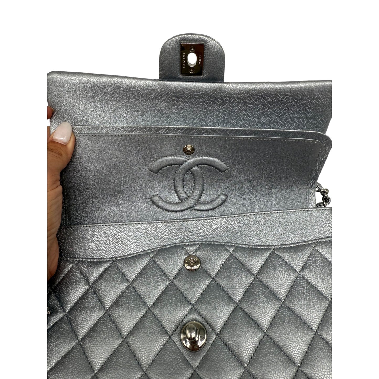 Chanel Leather Quilted Classic Double Flap CC Logo Medium Crossbody Bag Silver