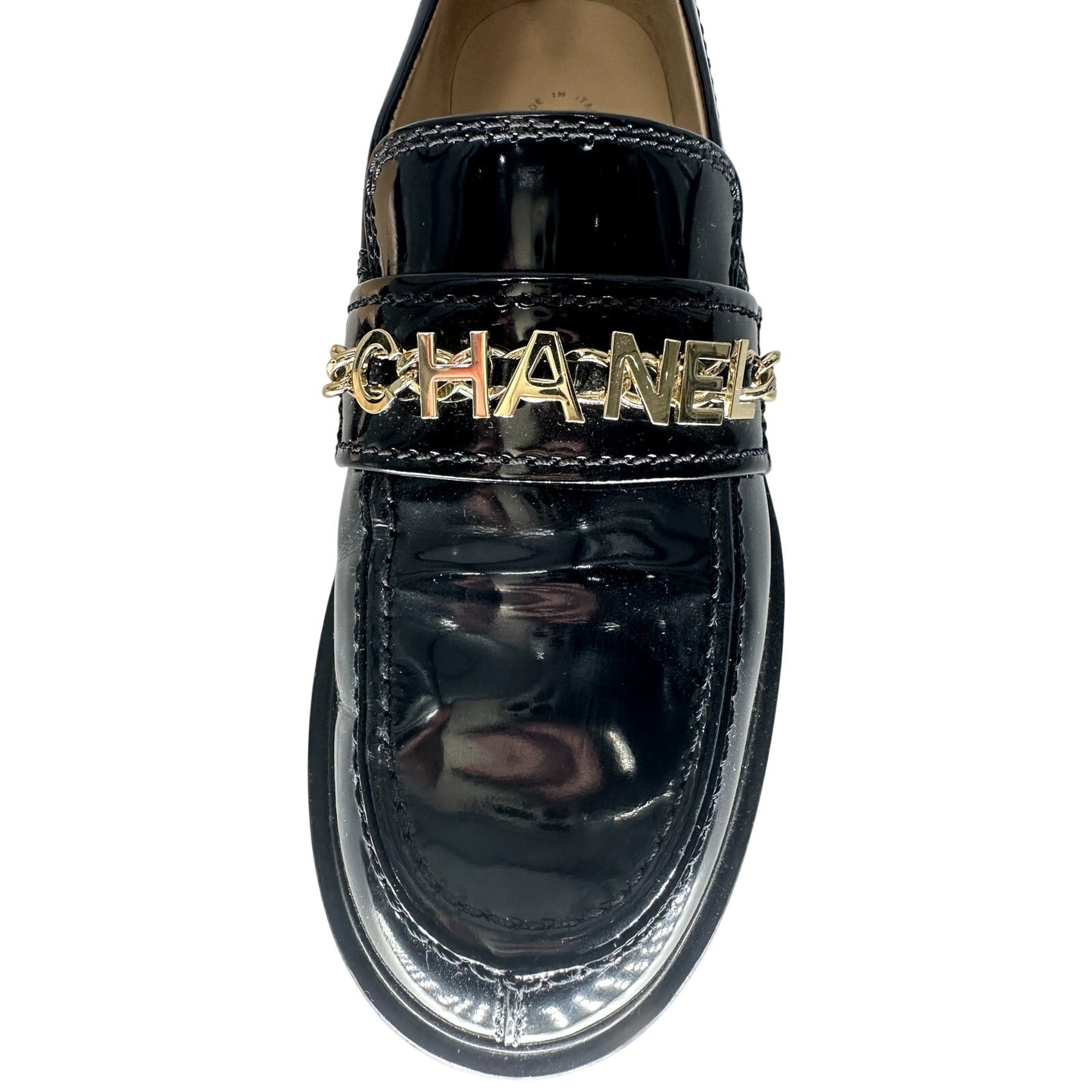 Chanel Patent Leather Logo Chain Flat Loafers