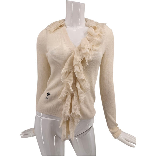 Christian Dior Cotton Removable Ruched Collar Long Sleeve Sweater Ivory Size 4