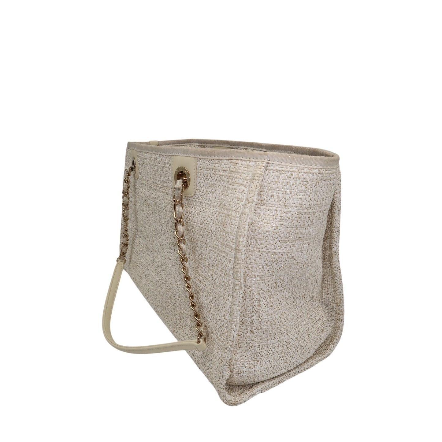 Chanel Raffia Deauville Glitter Logo Accent Tote Bag