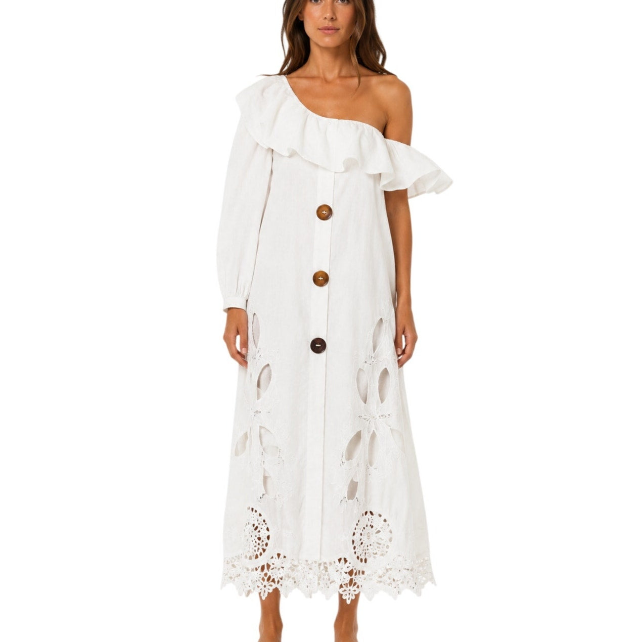 Myriam Annoyave A. Cotton Linen Embroidered Cutout Off One Shoulder Midi Dress