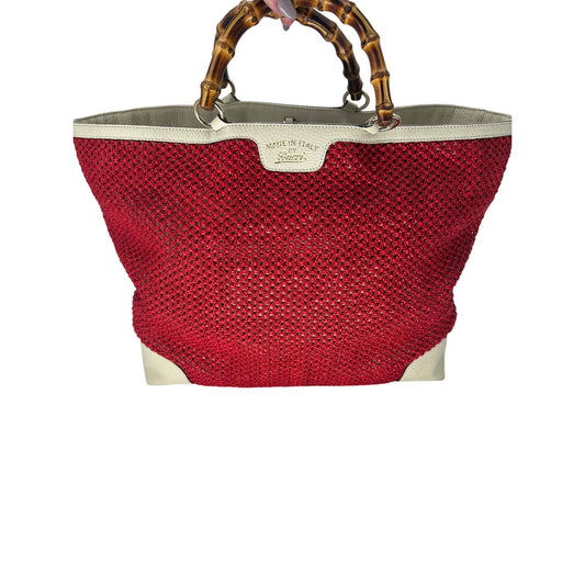 Gucci Raffia Straw Mesh Bamboo Handle Tote Bag