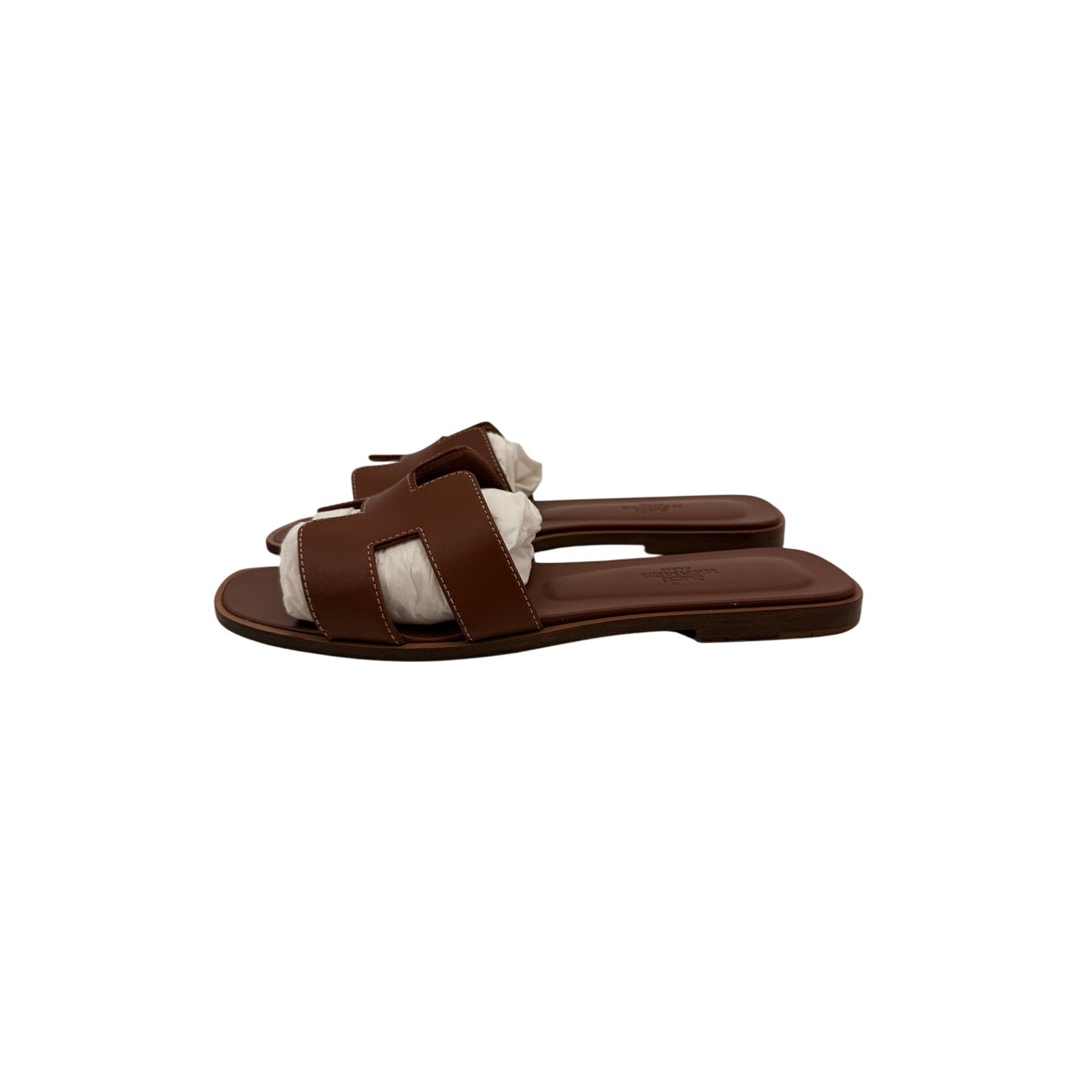 Hermes Oran Leather Open Toe Slip-On Flats Slide Sandals