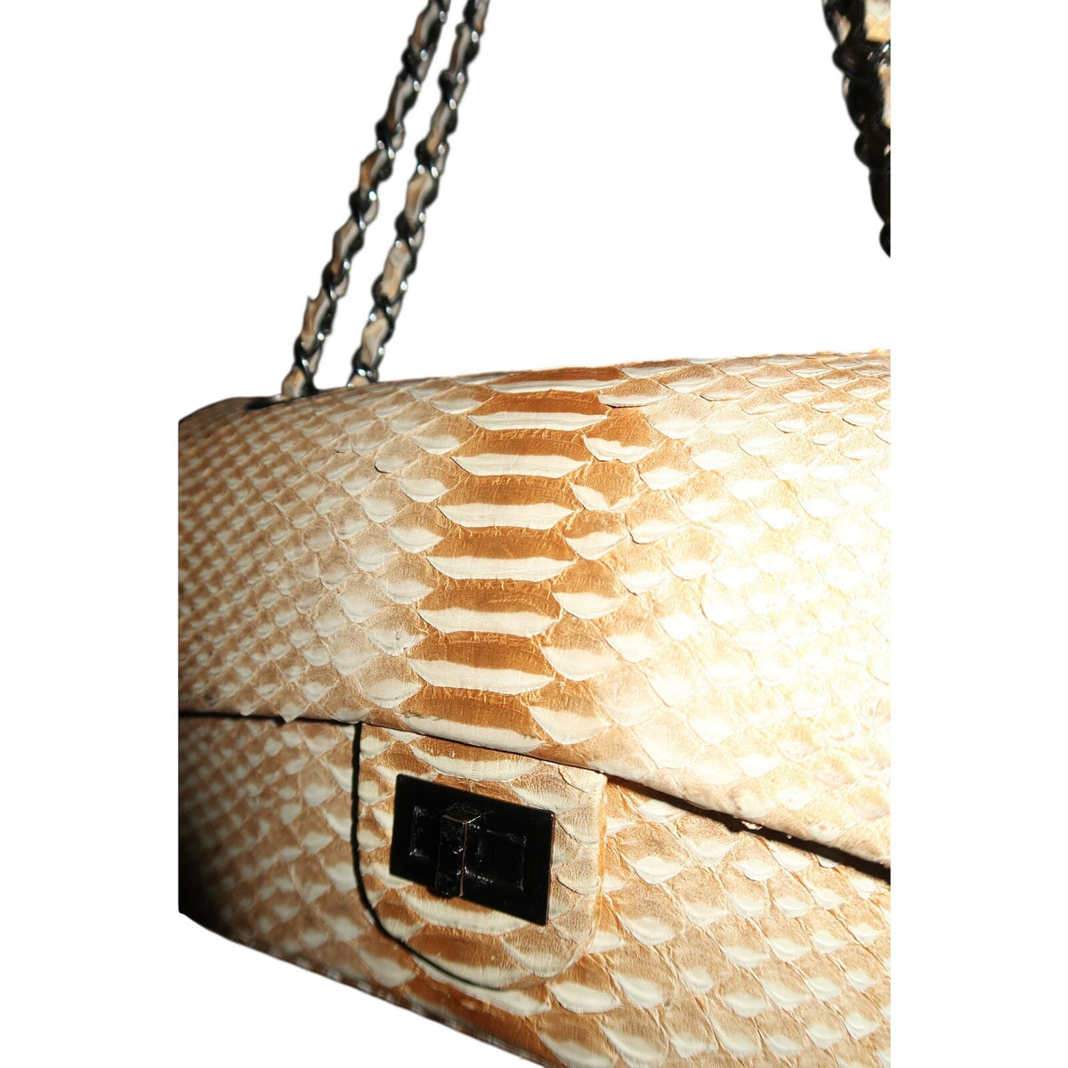 Toya Tan Gold Cream Python Snake Skin Designer Chain Shoulder Bag