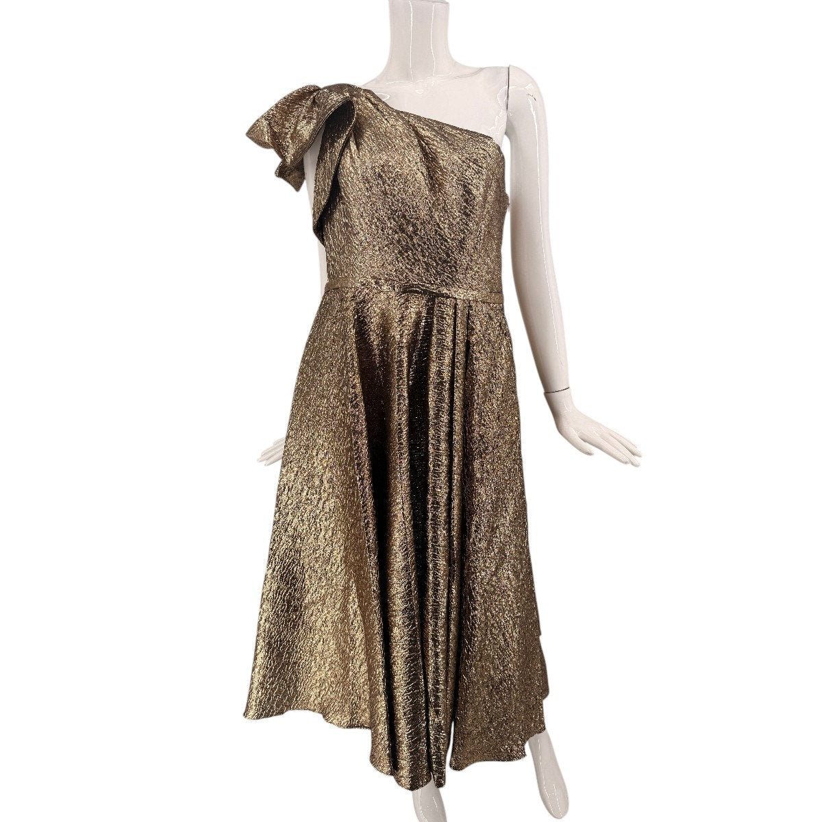 Mac Duggal Metallic One Shoulder Bow Maxi Dress