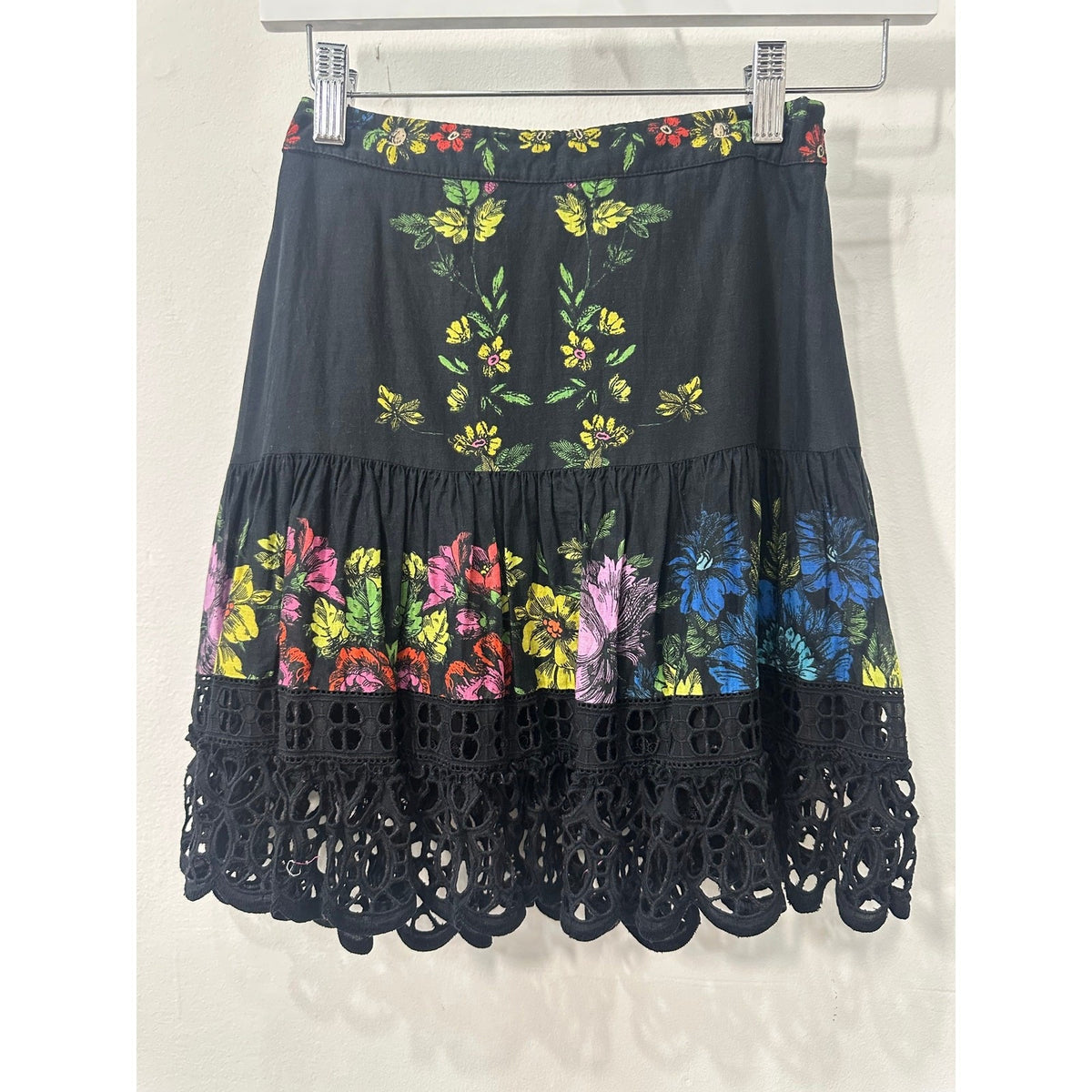 Charo Ruiz Ibiza Eibis Mini Skirt Black Floral Print Lace Trim