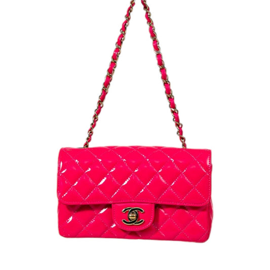 Chanel Patent Leather Quilted Interlocking CC Flap Mini Shoulder Bag Neon Pink