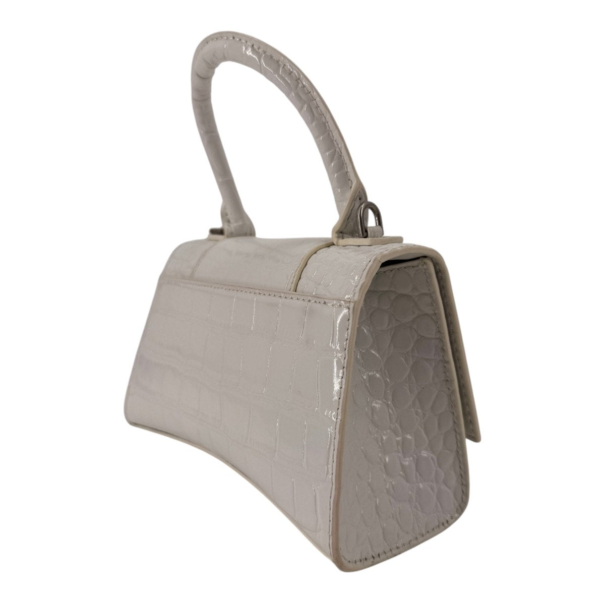 Balenciaga Hourglass Croc Embossed Leather Top Handle Bag White