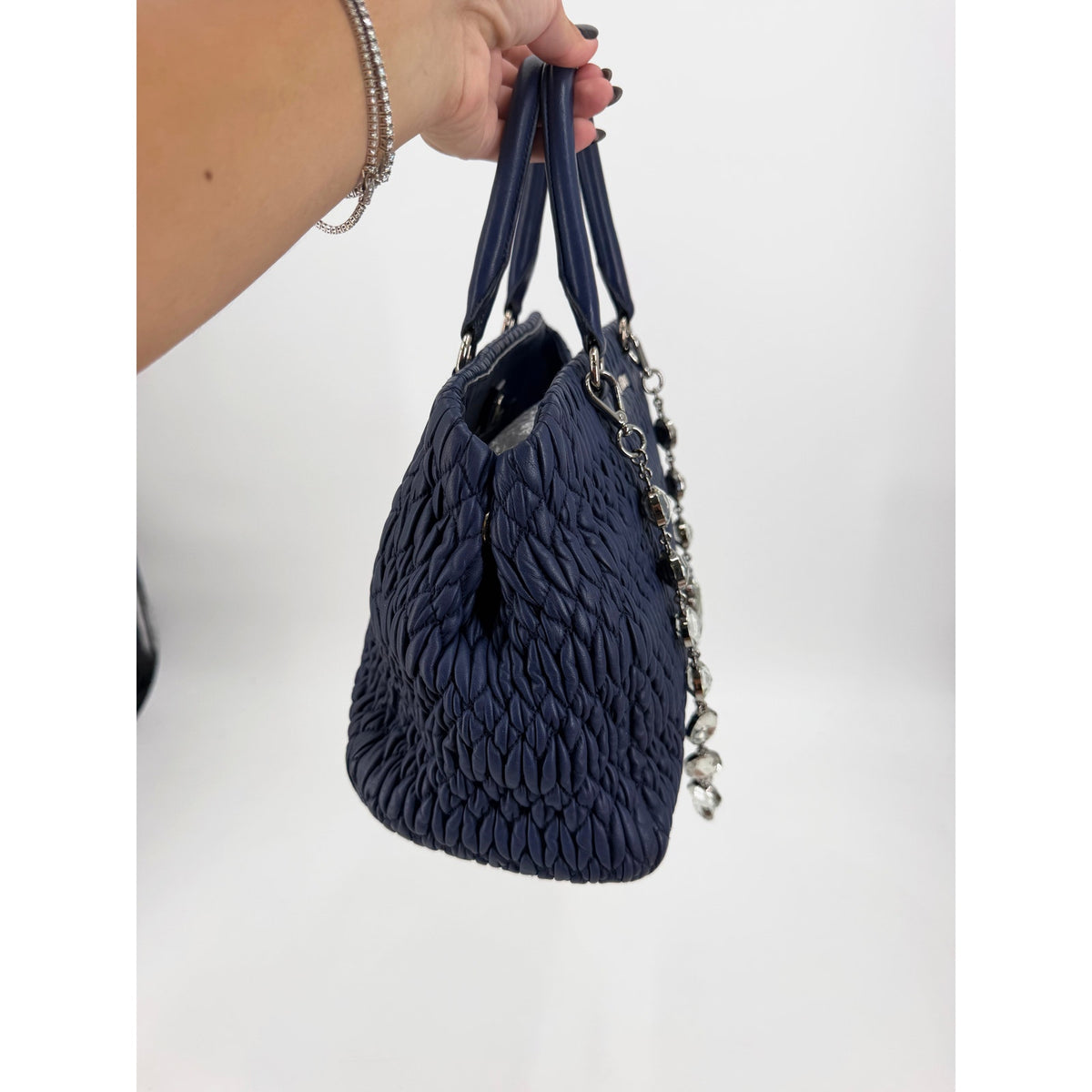 Miu Miu Nappa Crystal Matelasse Top Handle Tote Navy Blue Leather Chain Strap