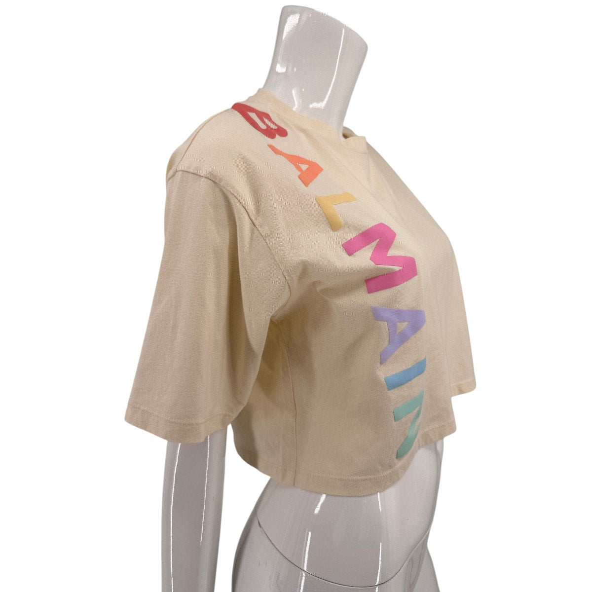 Balmain Cotton Cropped Crew Neck Logo Graphic T Shirt