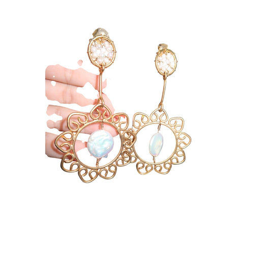 24K Gold Filled Pearl Flower Drop Earrings Handmade Lightweight