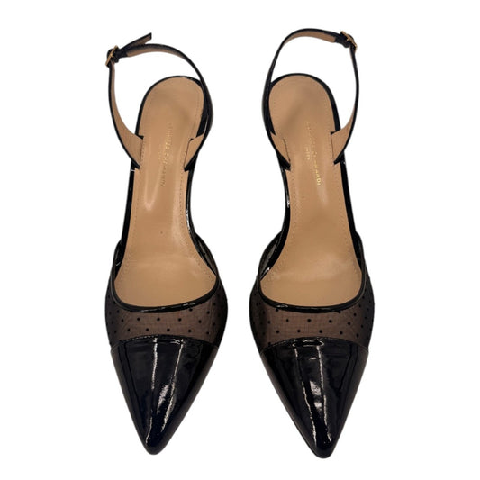 Jennifer Chamandi Patent Leather Mesh Polka Dot Slingback Pumps