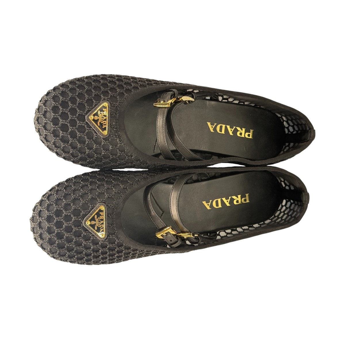 Prada Mesh Logo Calzature Donna Double Straps Ballerina Flats Black Size 37.5