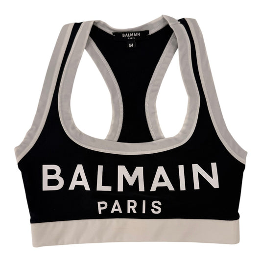 Balmain Logo Racerback Pullover Sports Bra Black and White