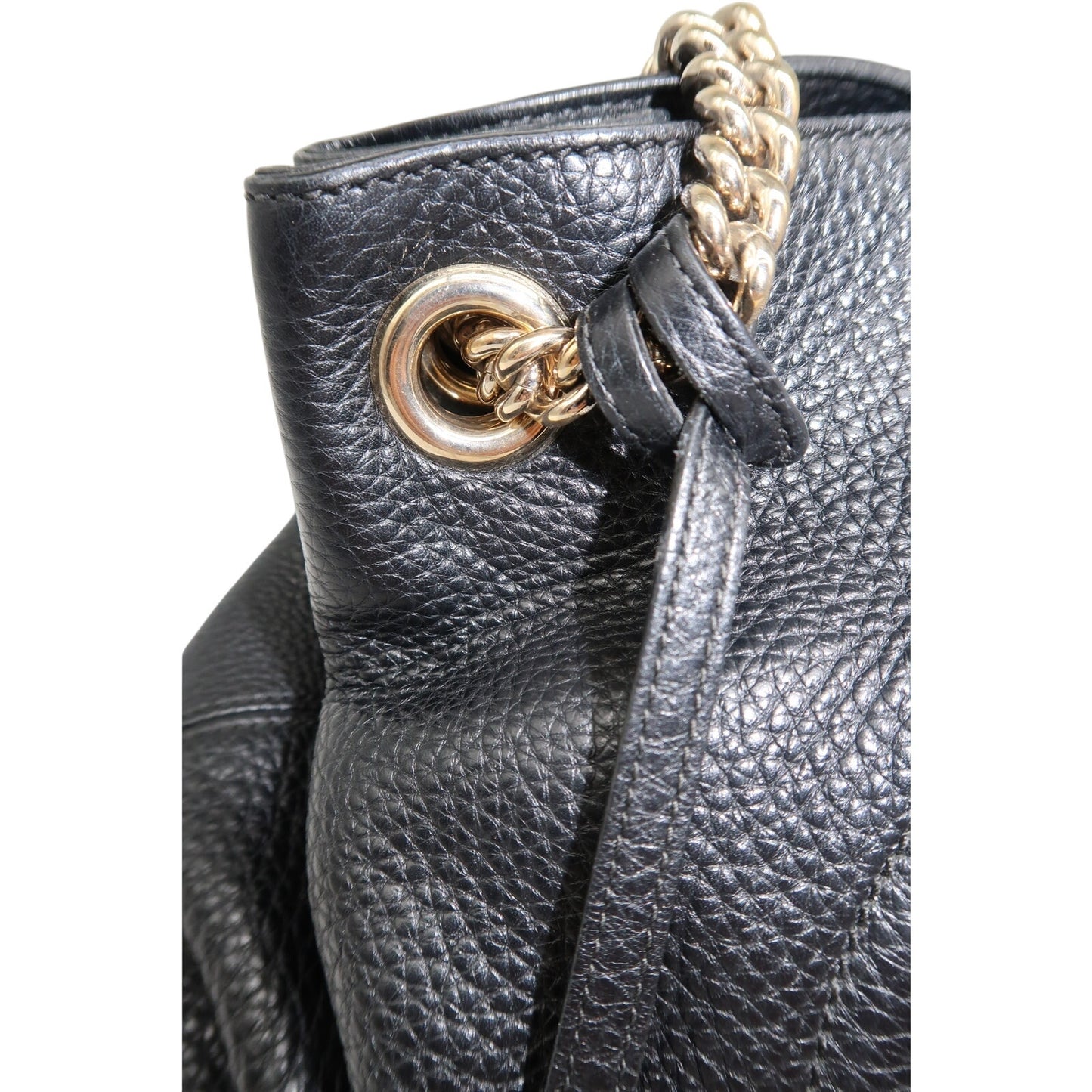 Gucci Soho GG Logo Chain Strap Shoulder Bag Black Pebbled Leather