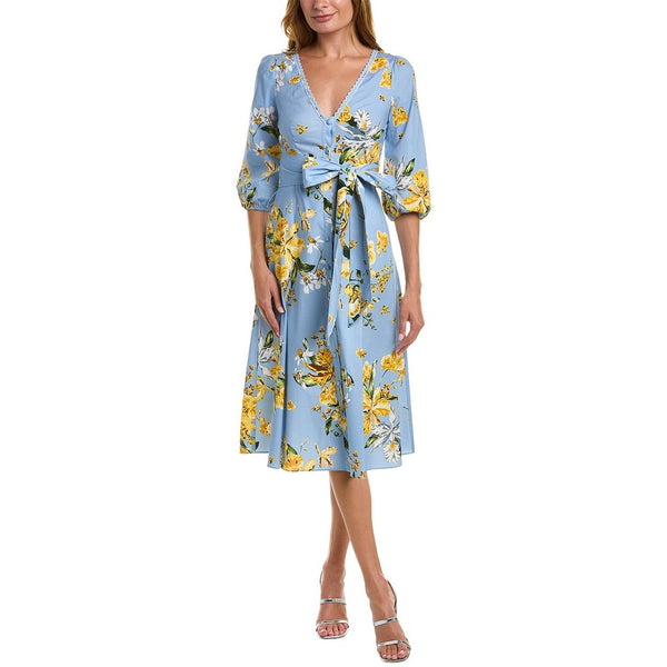 Marchesa Notte Floral Puff Sleeves V-Neck A-Line Midi Dress