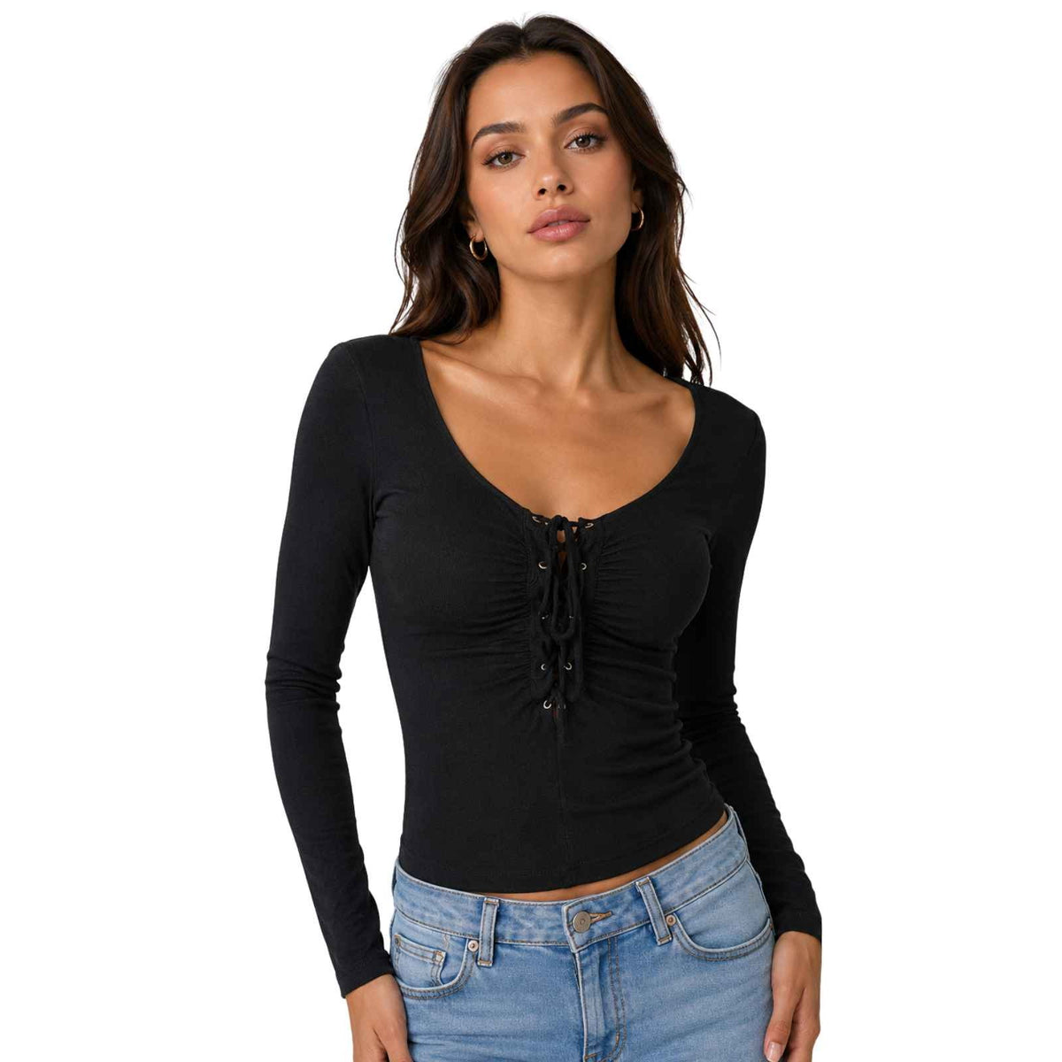 BCBGMAXAZRIA Lace-Up Ruched Mesh Long Sleeve Top Black Women's Size XXS