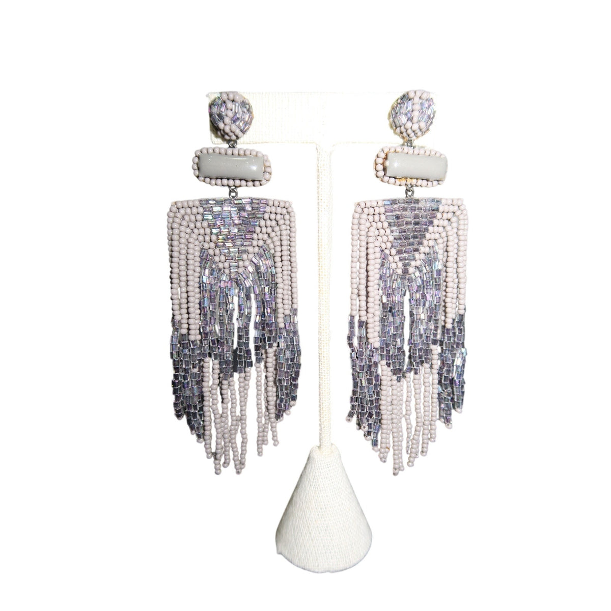 Deepa Gurnani Jody Earrings Light Gray Beaded Chandelier Fringe