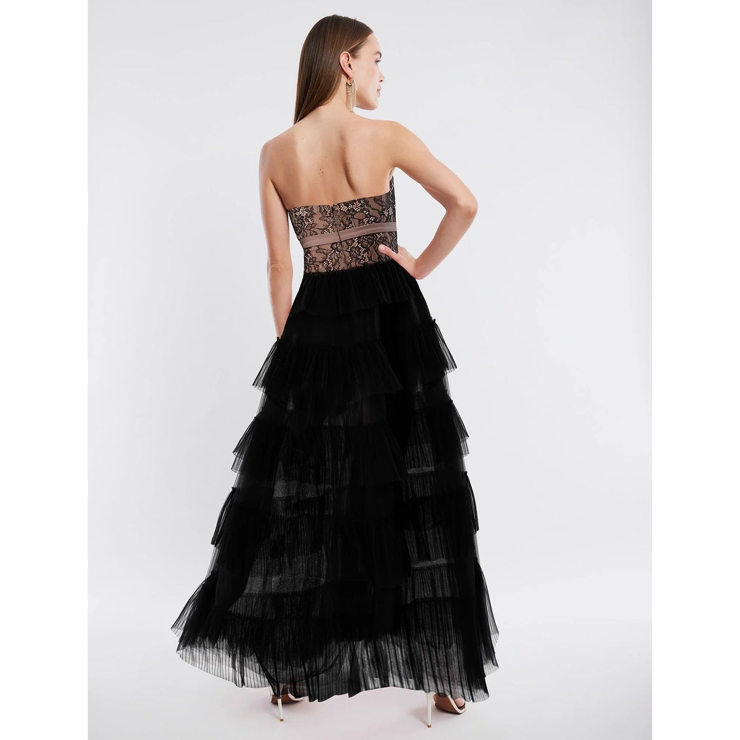 BCBGMAXAZRIA Strapless Floral Lace & Tulle Ruffle Maxi Evening Gown