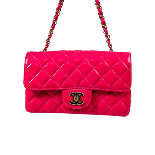 Chanel Patent Leather Quilted Interlocking CC Flap Mini Shoulder Bag Neon Pink