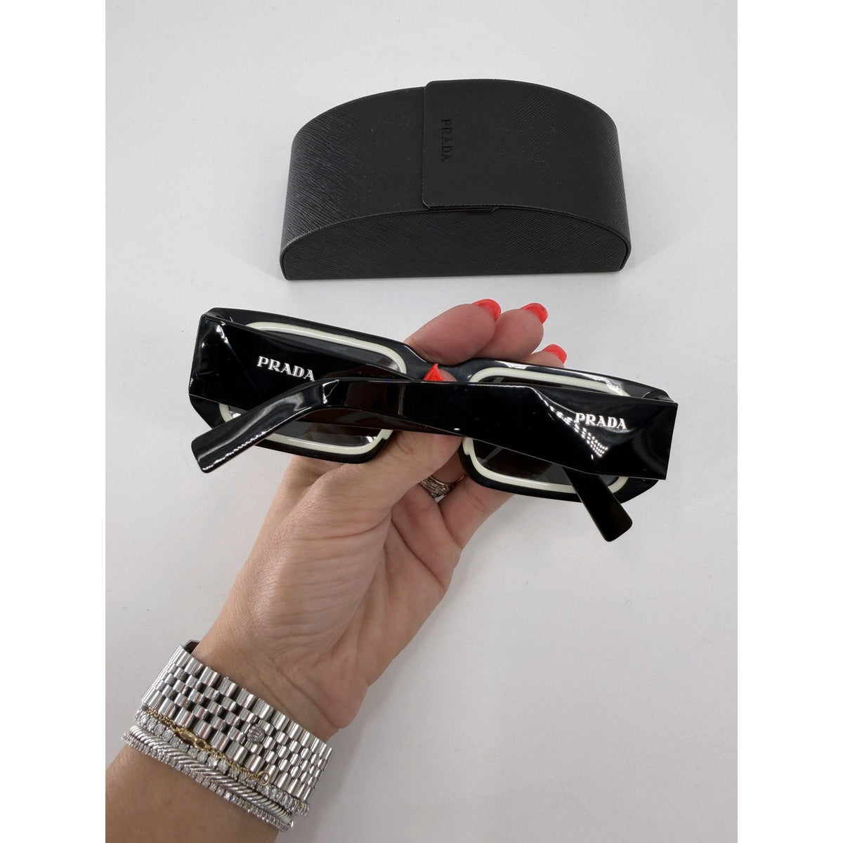 Prada Symbole SPR 06Y Black White Rectangle Sunglasses Dark Gray Women's 53-21