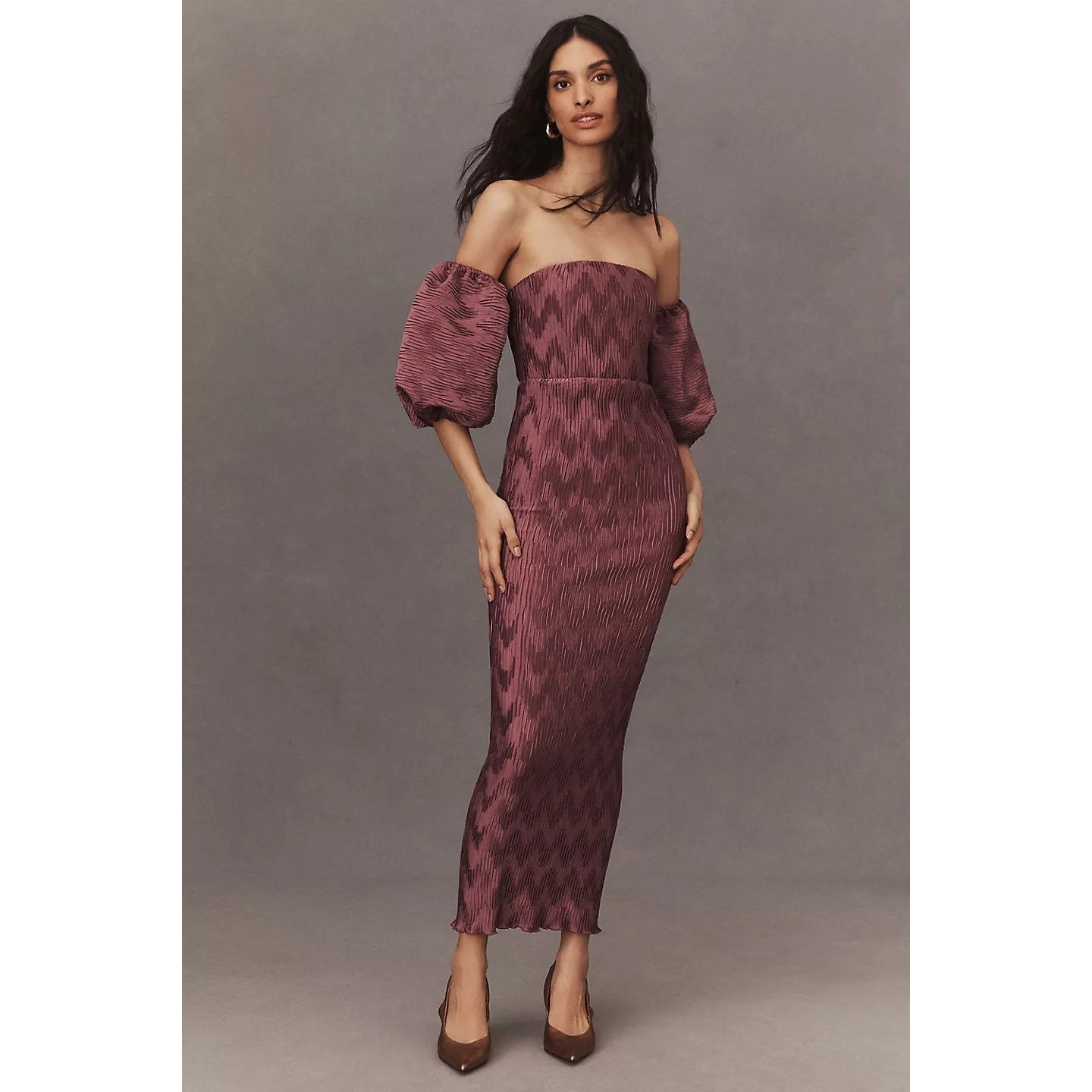 L'IDÉE Puff Sleeve Off-the-Shoulder Pleated Midi Dress