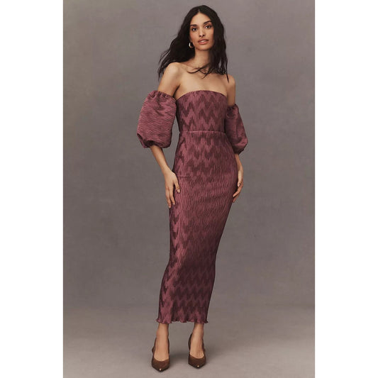 L'IDÉE Puff Sleeve Off-the-Shoulder Pleated Midi Dress