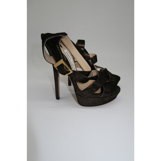 Jimmy Choo Louisa Metallic Gold Peep Toe Strappy Platform Heel Sandals Size 36.5