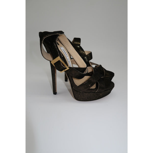 Jimmy Choo Louisa Metallic Gold Peep Toe Strappy Platform Heel Sandals Size 36.5